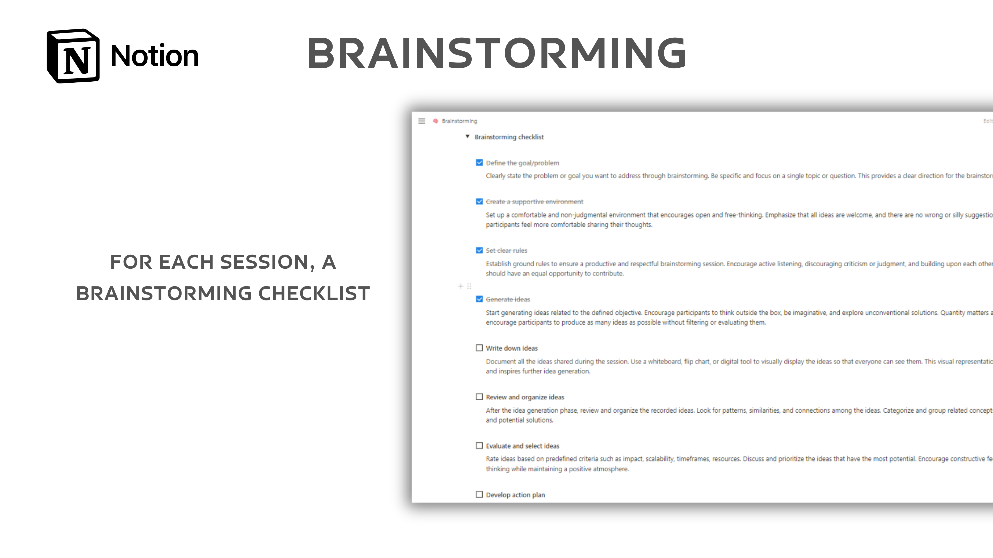 Mídia 3 de Modelo de noção de brainstorming - Ferramenta de gerenciamento de brainstorming.Criar, selecionar, implementar.