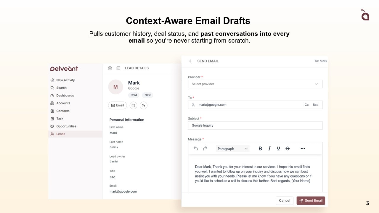 Delveant CRM - Screenshot 3 showing product features and functionality