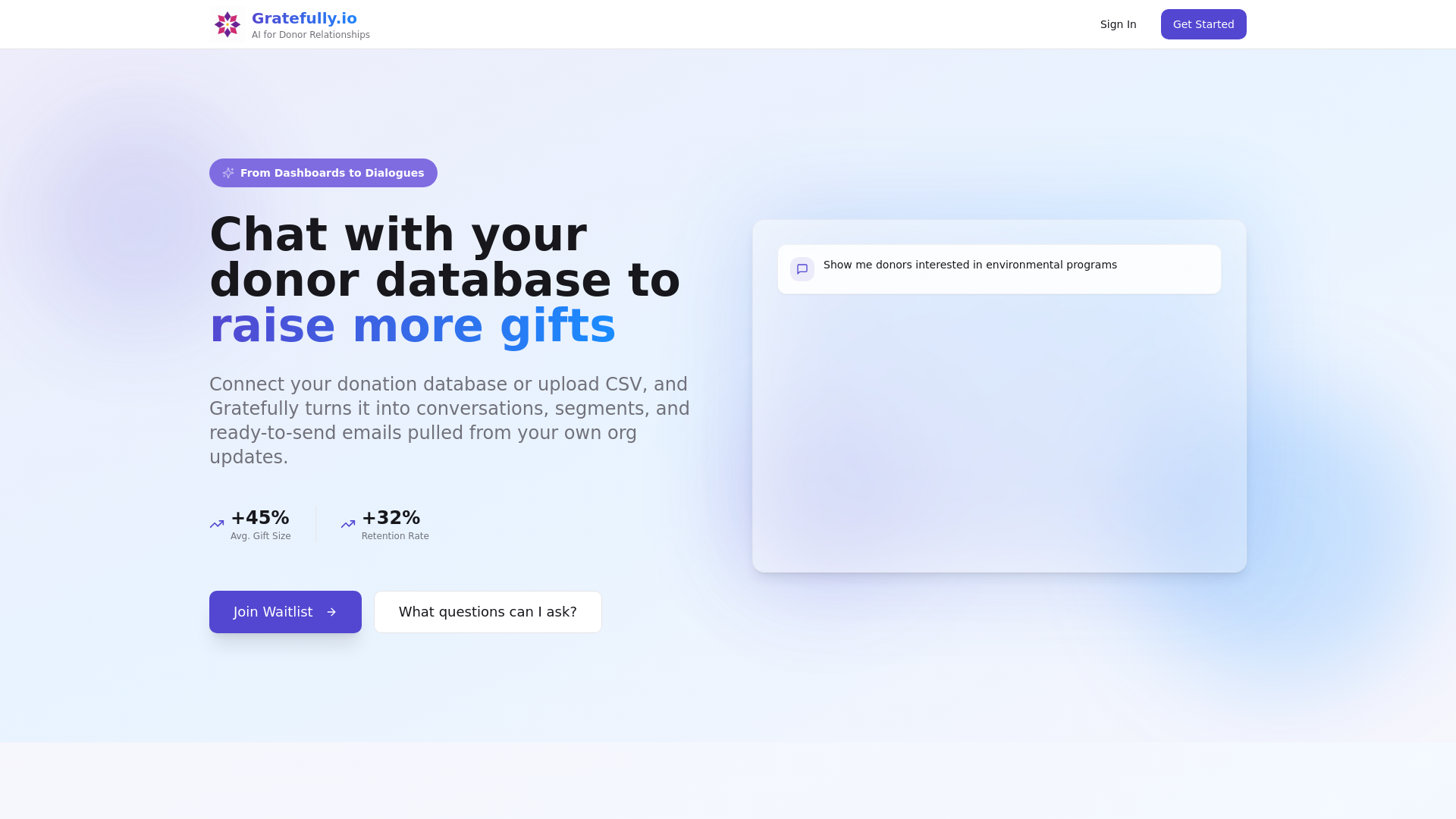Gratefully.io: AI: for Non-Profits - Main product screenshot demonstrating key features and user interface