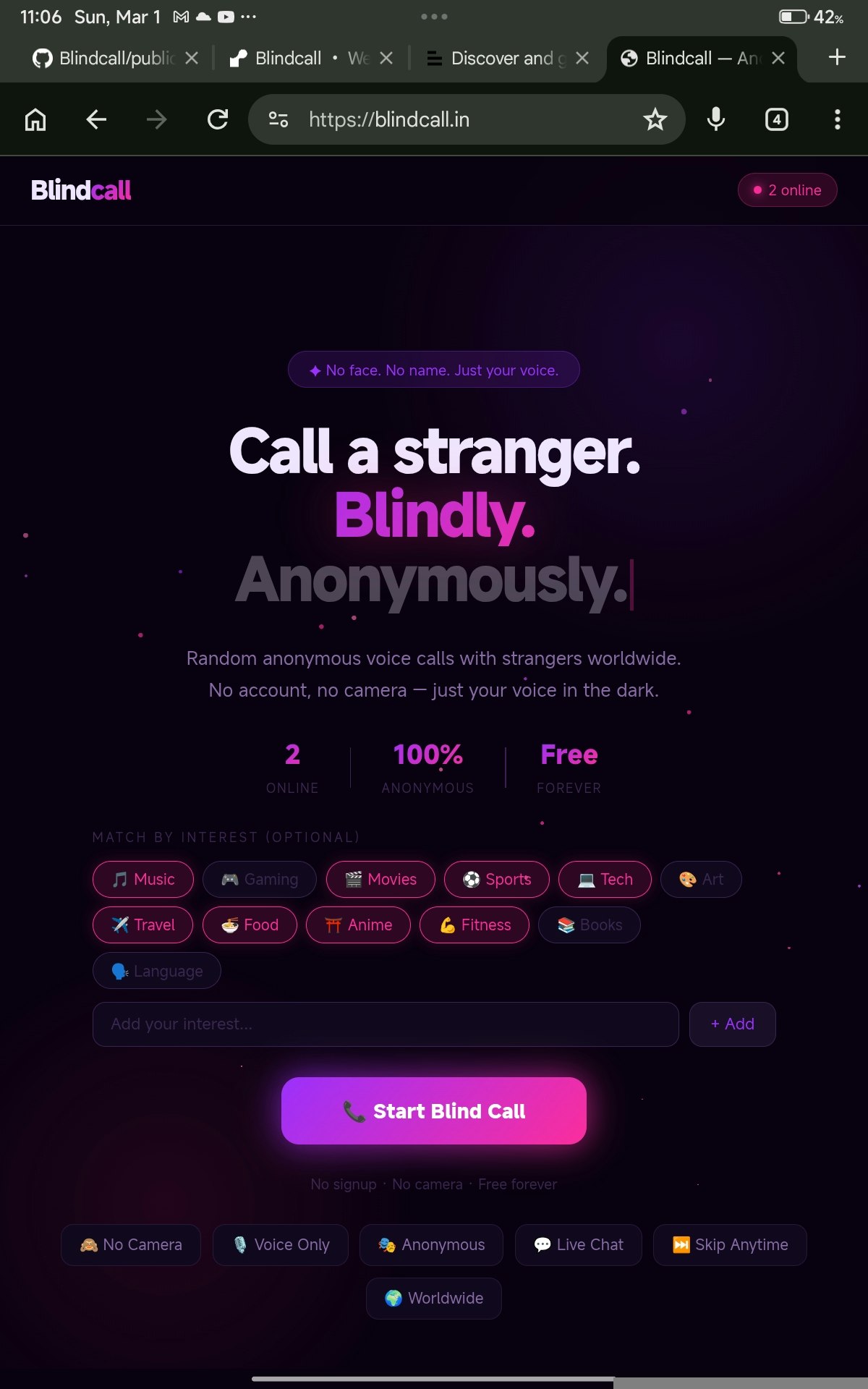 Blindcall — Anonymous Voice Calls - Main product screenshot demonstrating key features and user interface