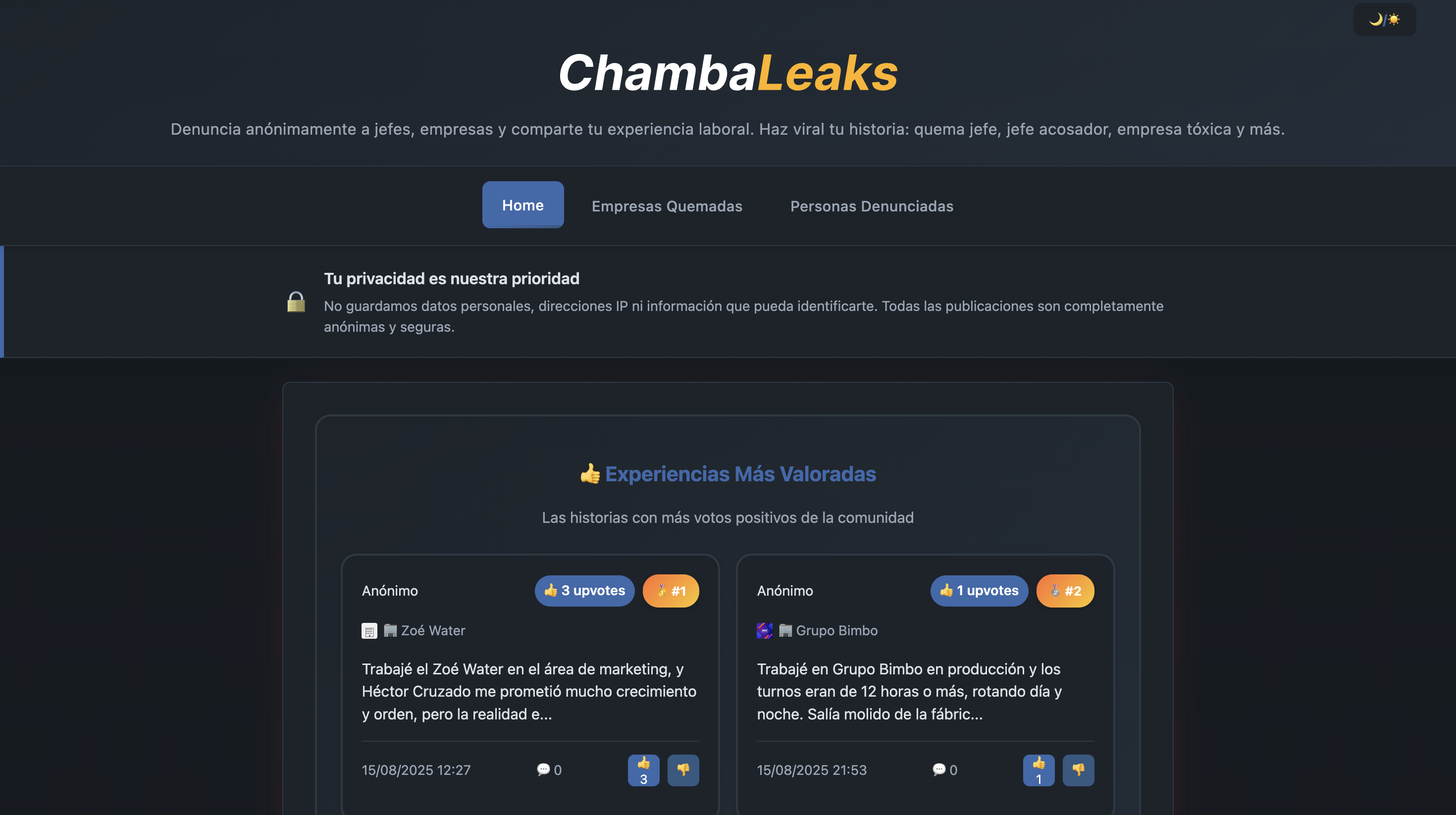 Chambaleaks - 上司、企業、仕事の経験の匿名の苦情メディア2