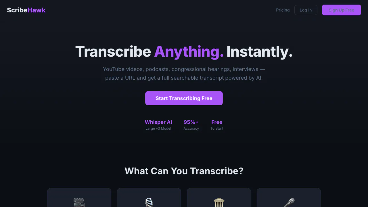 ScribeHawk — Transcribe Anything. 제품 배너