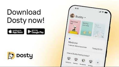 Un teléfono móvil con la aplicación Dosty abierta, mostrando el horario diario de la mascota y recordatorios.