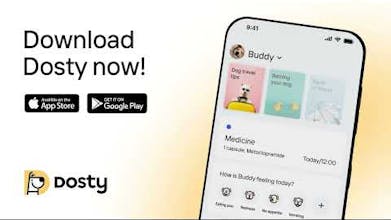 A mobile phone with the Dosty app open, showing the pet&rsquo;s daily schedule and reminders.