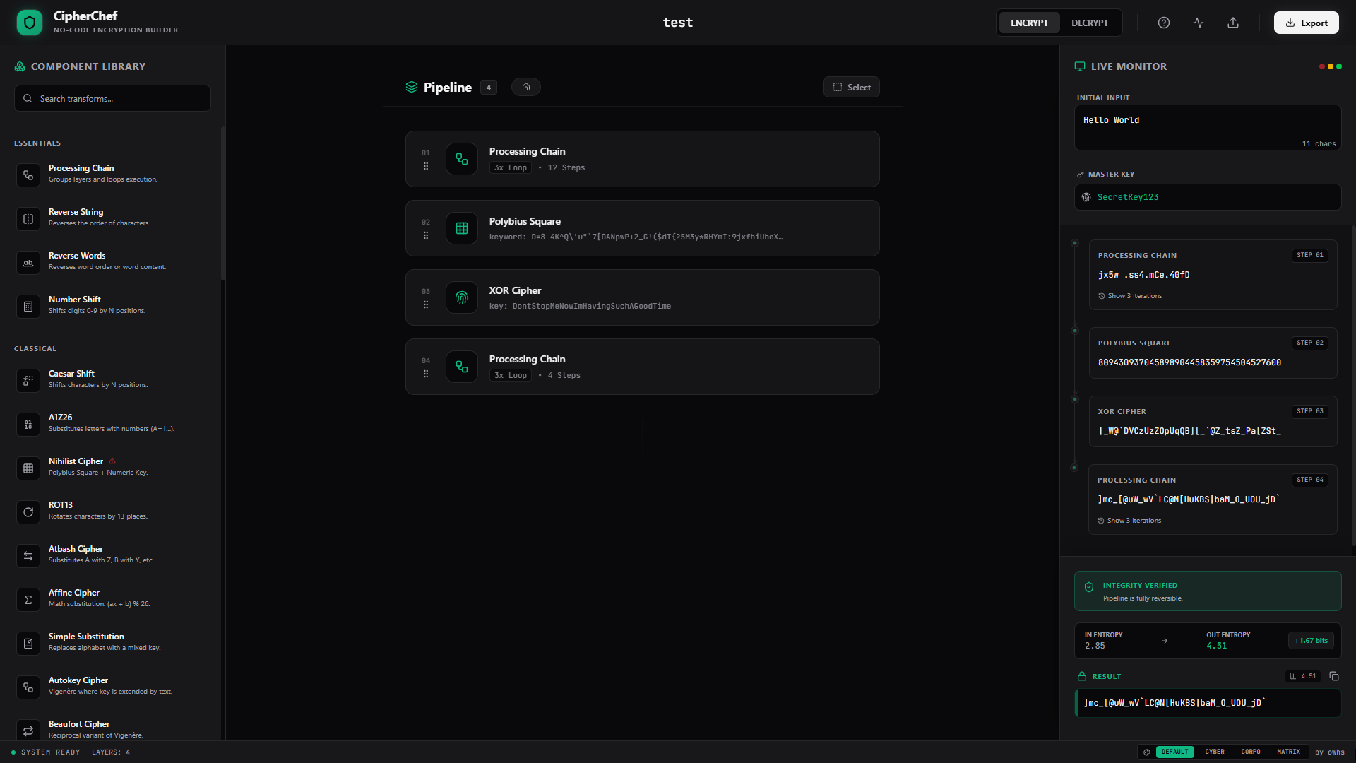 CipherChef - Main product screenshot demonstrating key features and user interface