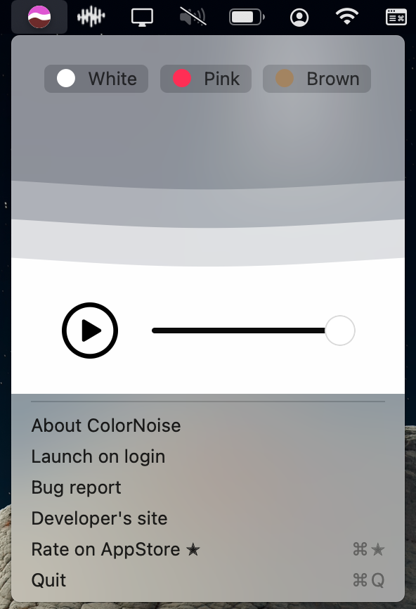 Kolornoise - MacOS menü çubuğu için kahverengi gürültüye sahip üretkenlik güçlendirici medya 3