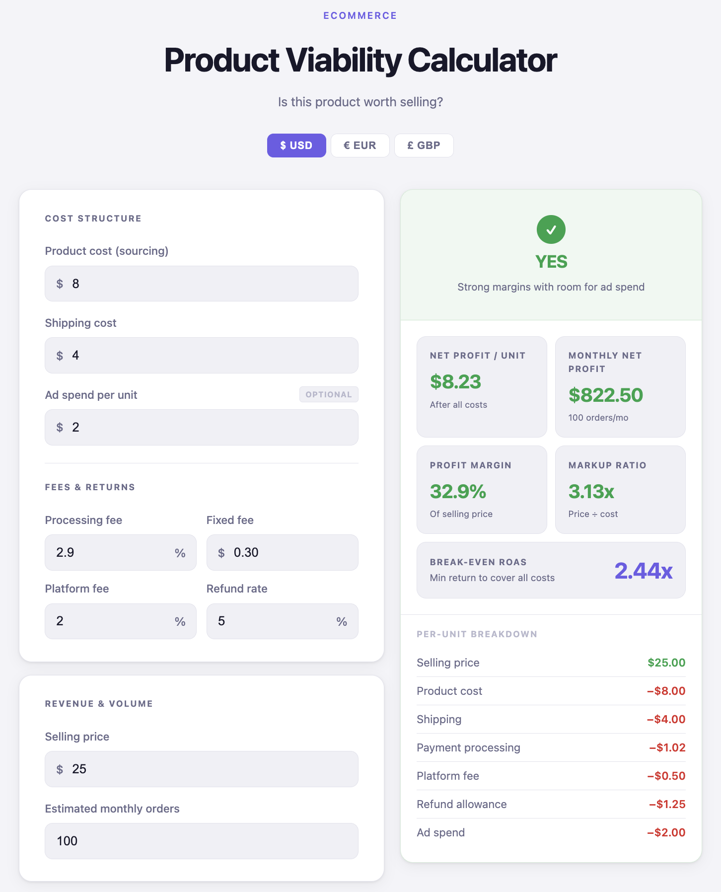 EcomCalc — Free Ecommerce Calculators - Screenshot 4 showing product features and functionality