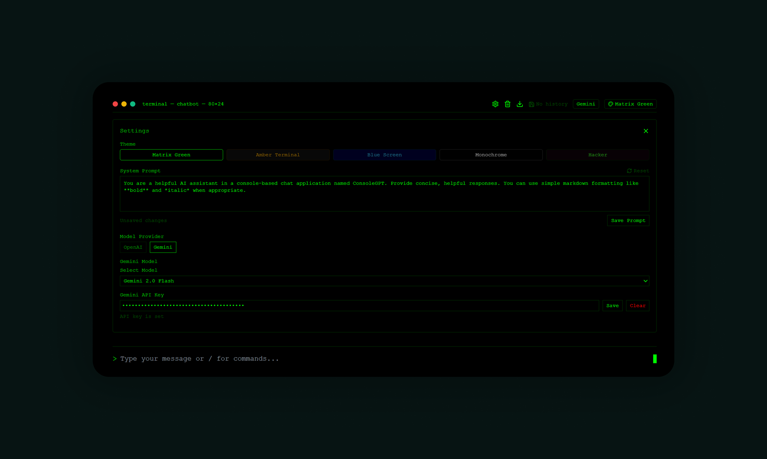 Consolegpt - Een chatgpt-kloon met retro-thema met een minimalistische console-gebruikersinterface media 2