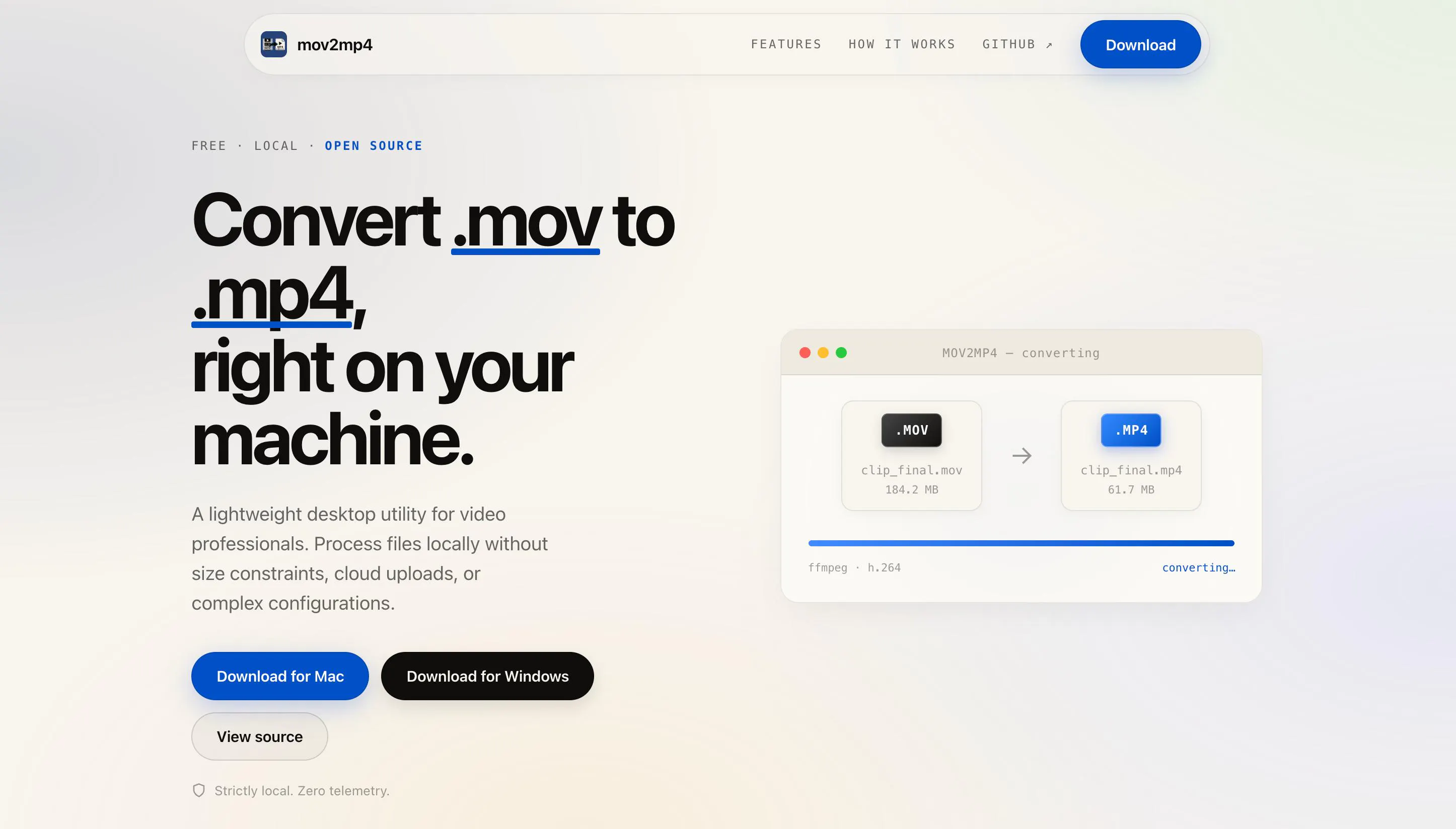 Turn .mov into .mp4 locally, fast, free. gallery image