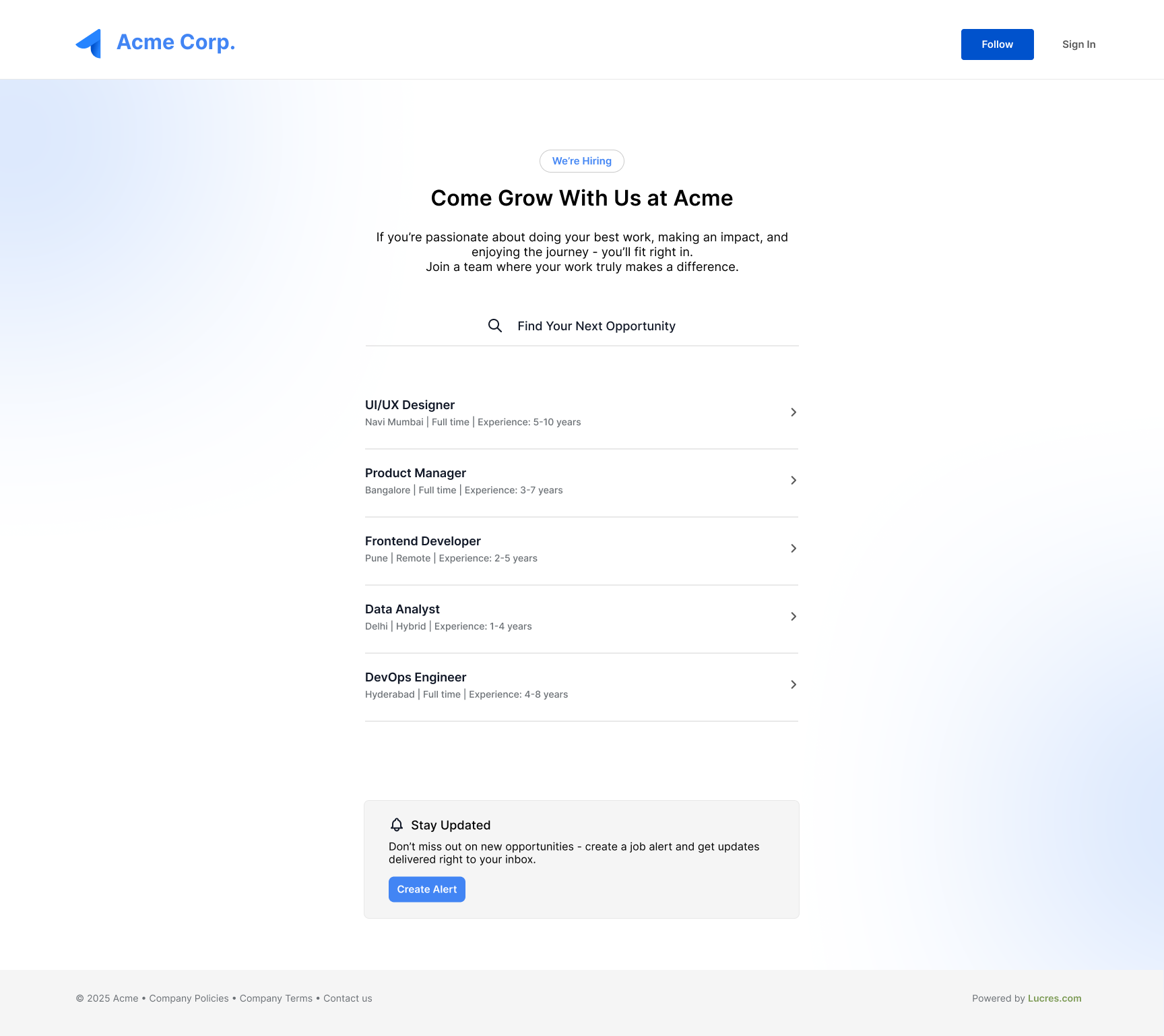 Lucres Careers Page - Screenshot 2 showing product features and functionality