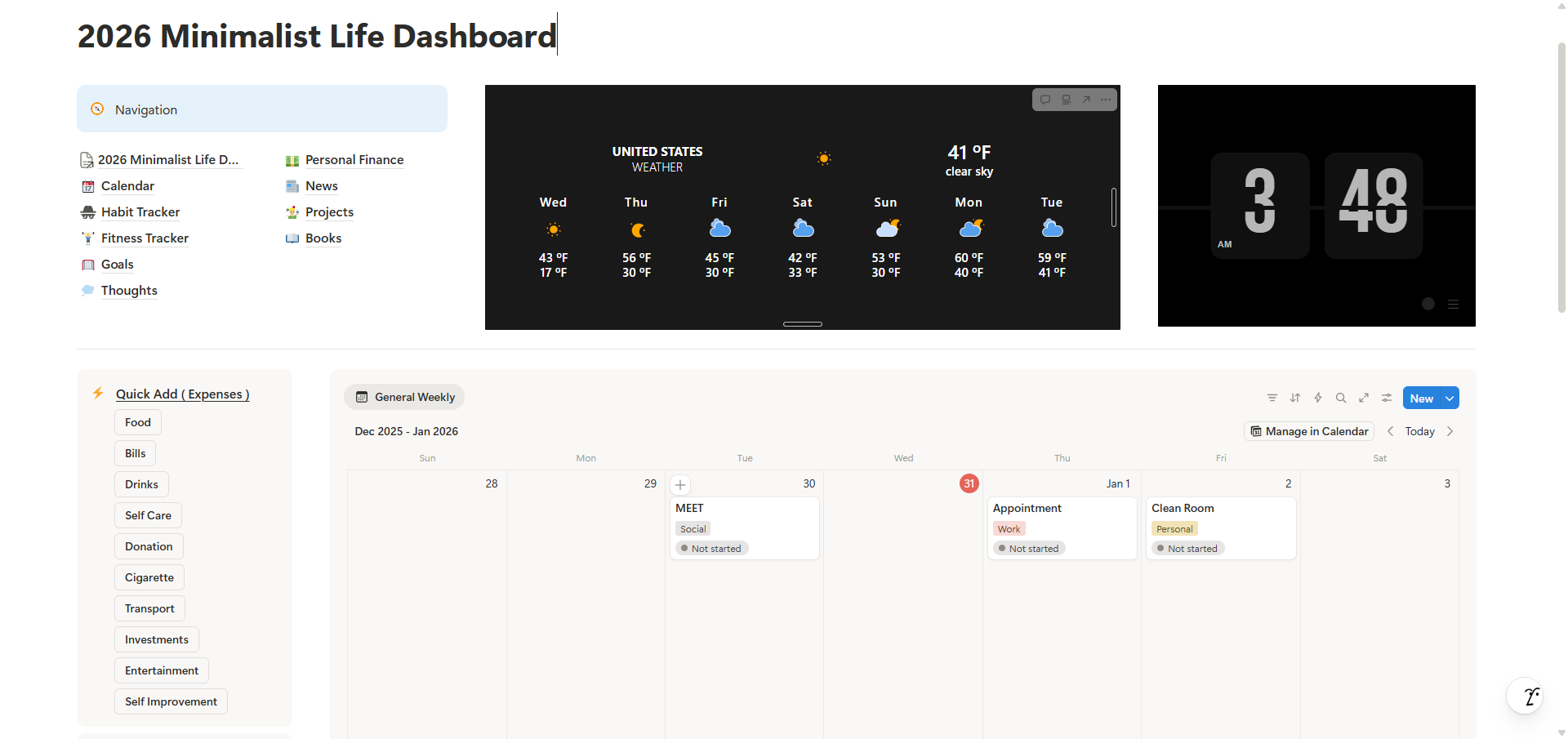 Minimalist Life Dashboard - Main product screenshot demonstrating key features and user interface