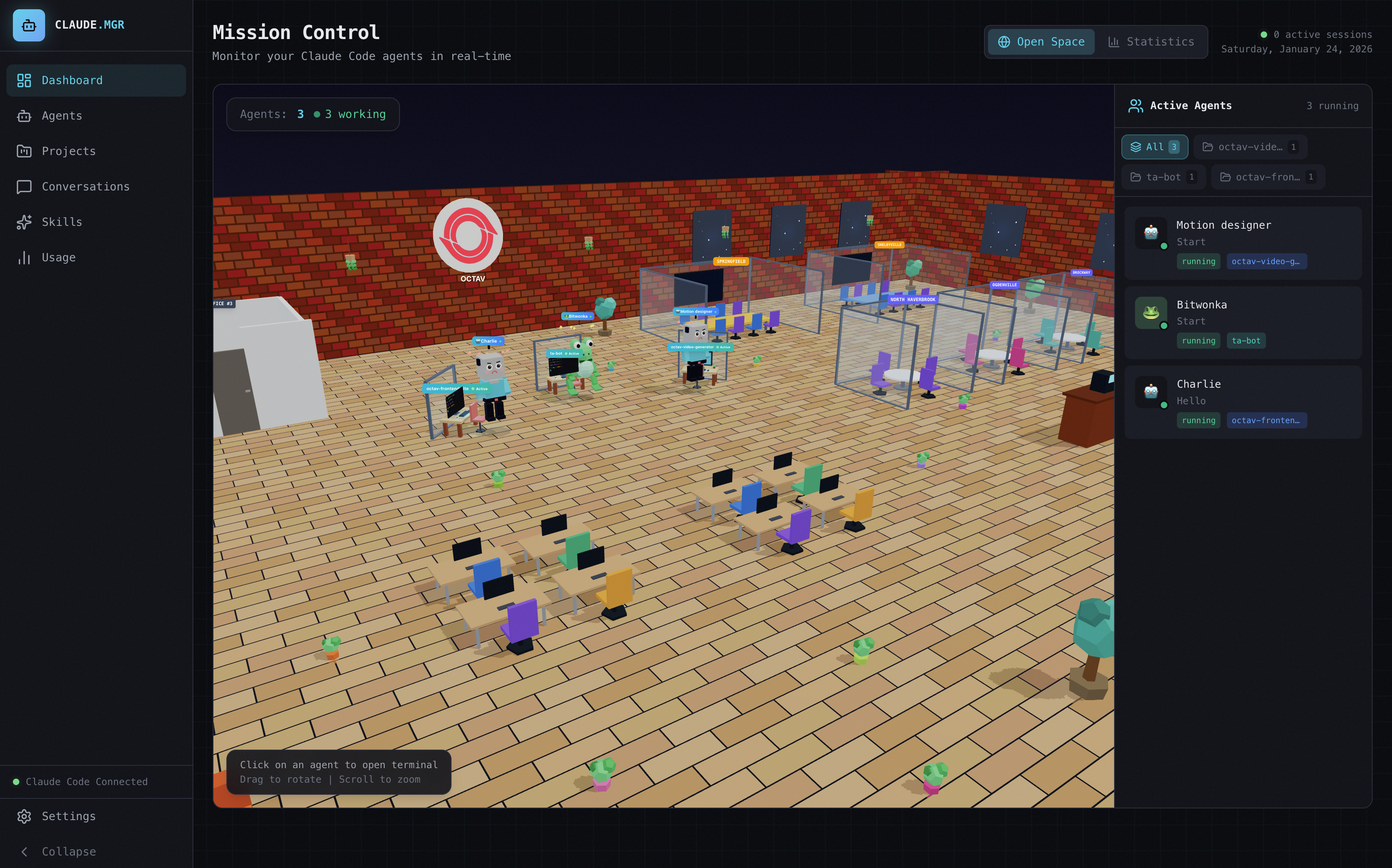 Claude.mgr - Main product screenshot demonstrating key features and user interface