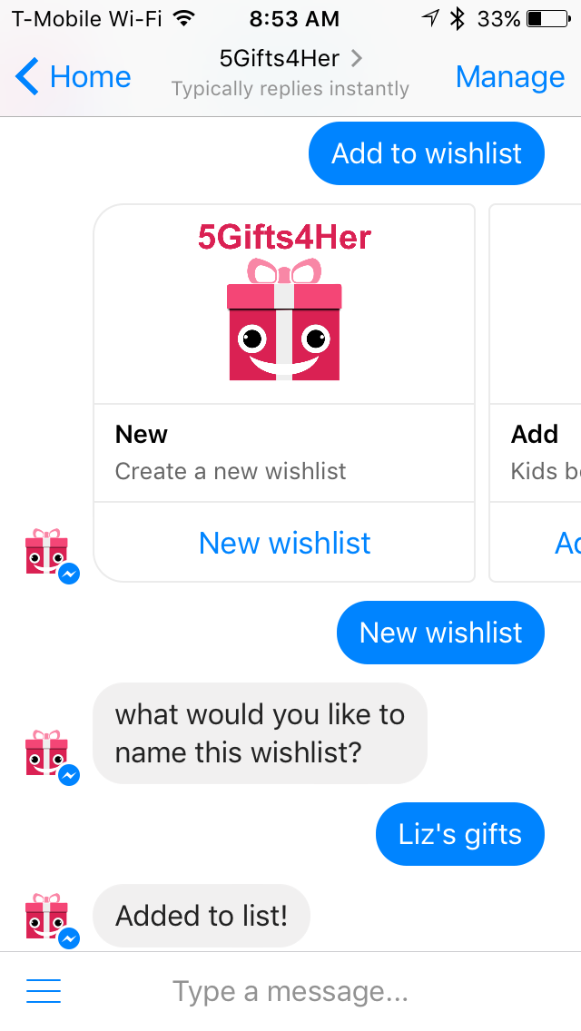 5Gifts4Her Messenger chatbot gallery image