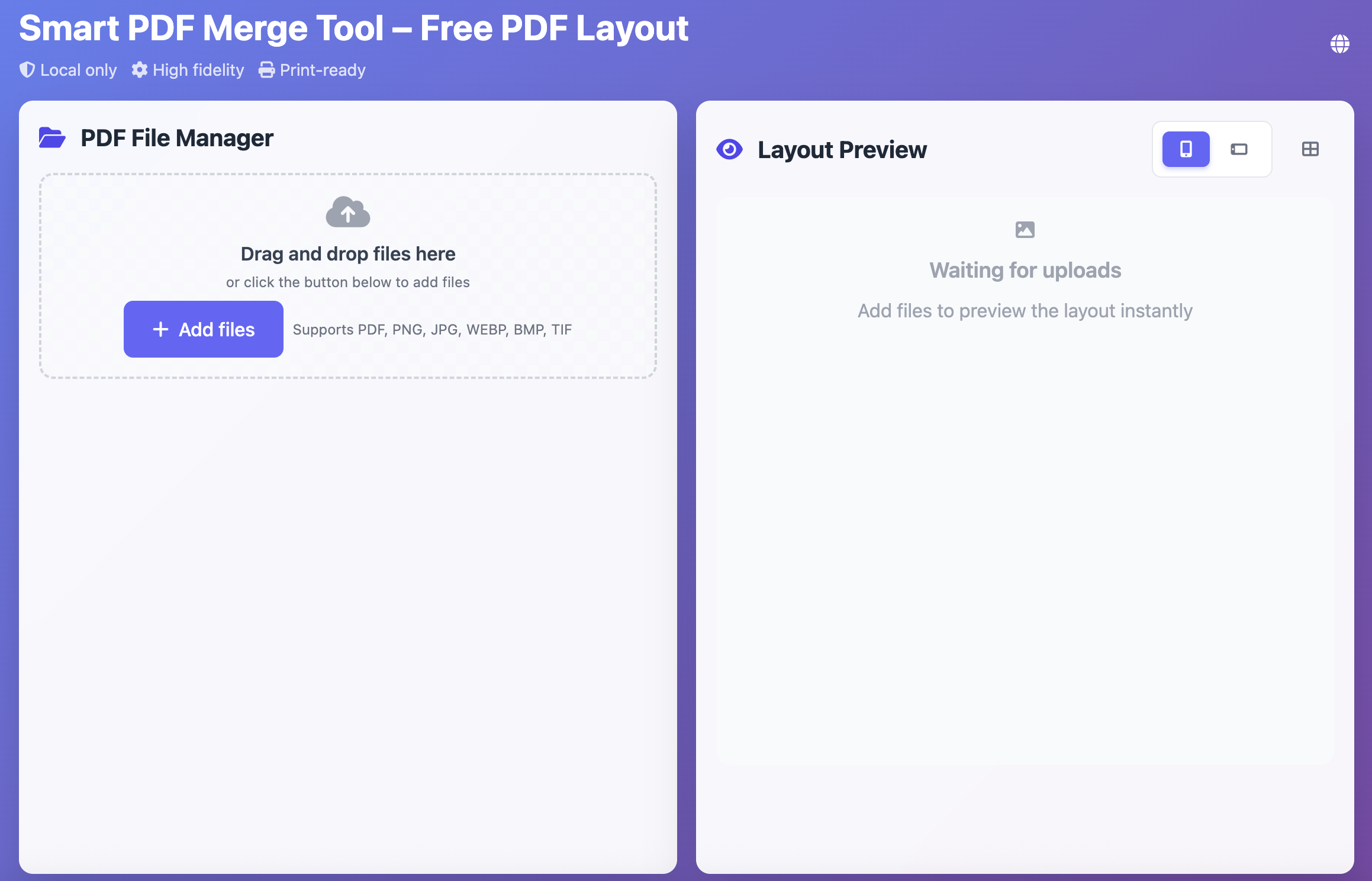 Smart PDF Merge Tool - Main product screenshot demonstrating key features and user interface