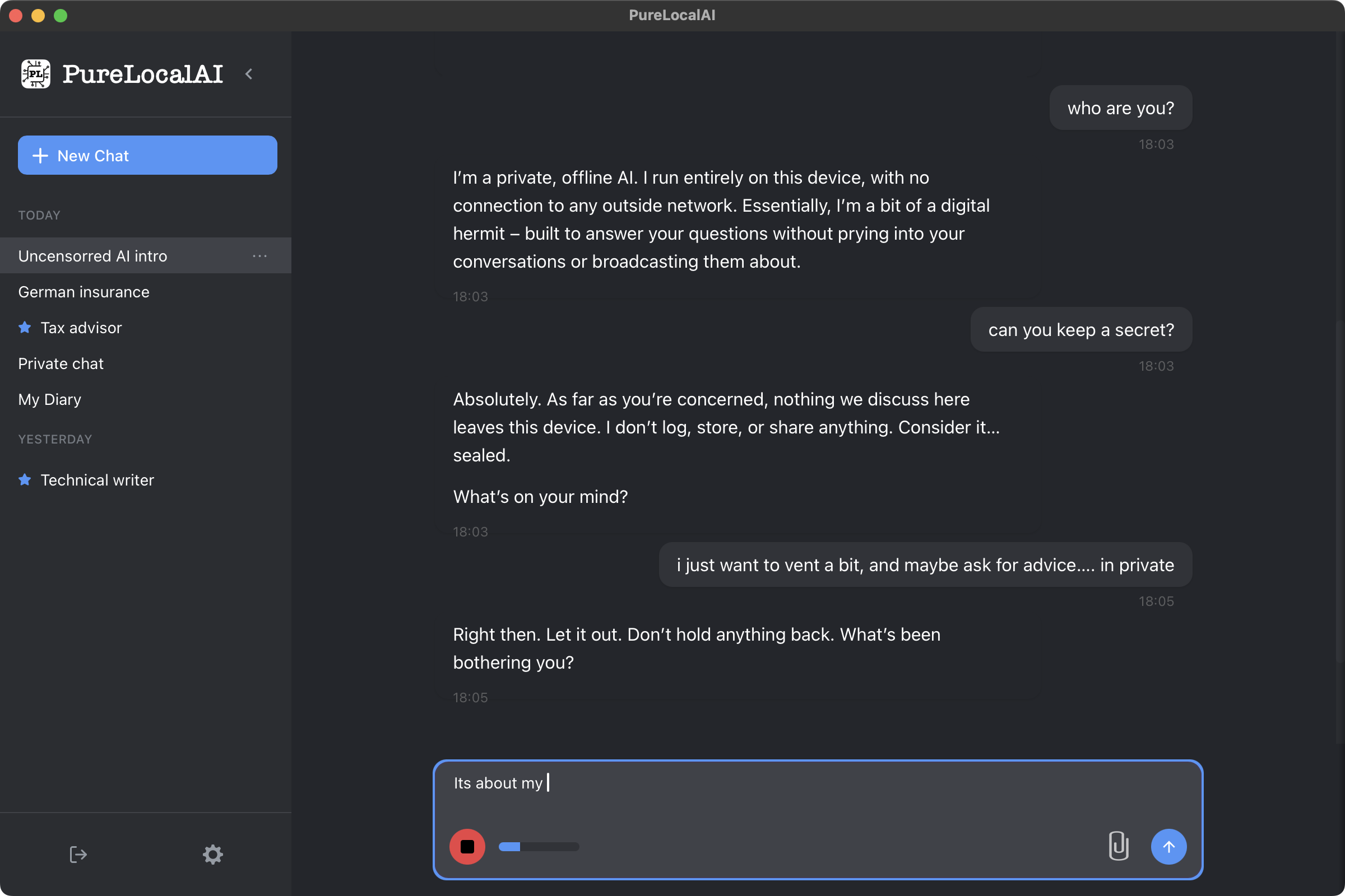 وسائط PURELOCALAI - منظمة العفو الدولية الخاصة على MAC على MAC - MAC AI غير متصل بالخصوصية الكاملة والمحادثات المشفرة 4