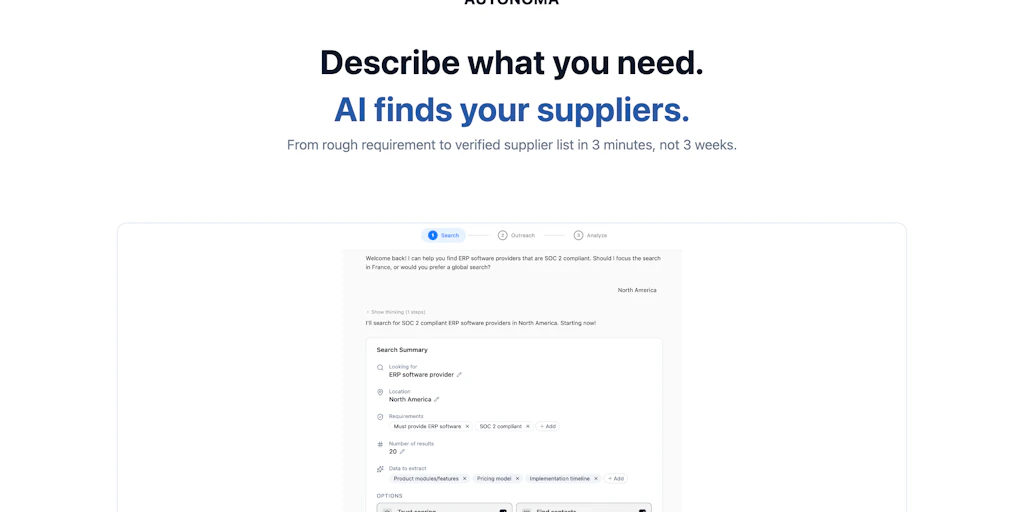 Autonoma.pro : Real-time supplier search - trust scoring - outreaching | Product Hunt