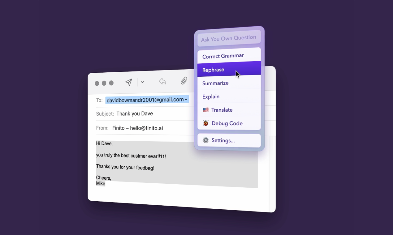 Finito AI - Usa AI in qualsiasi app, seleziona Basta selezionare e premere il tasto CTRL media 4
