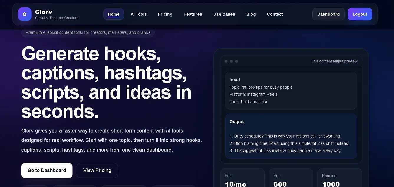 Clorv – Free AI Viral Content Tools App! 제품 배너