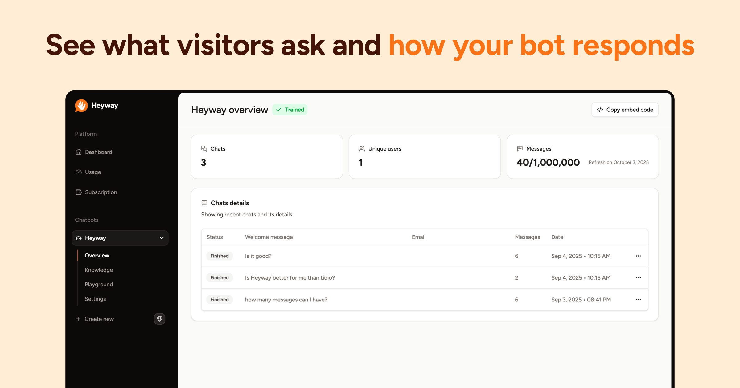 Heyway.chat - AI Chatbots alimentados por su contenido en 1 minuto media 5