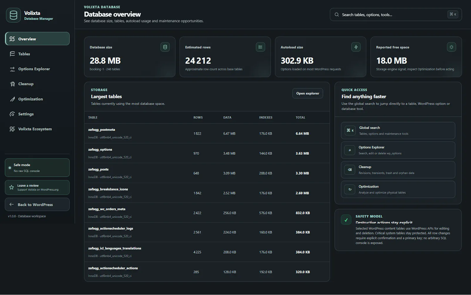 VOLIXTA Database Manager for WordPress screenshot 2