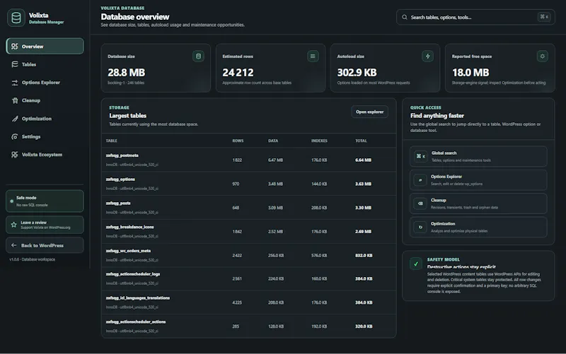 VOLIXTA Database Manager for WordPress screenshot 2