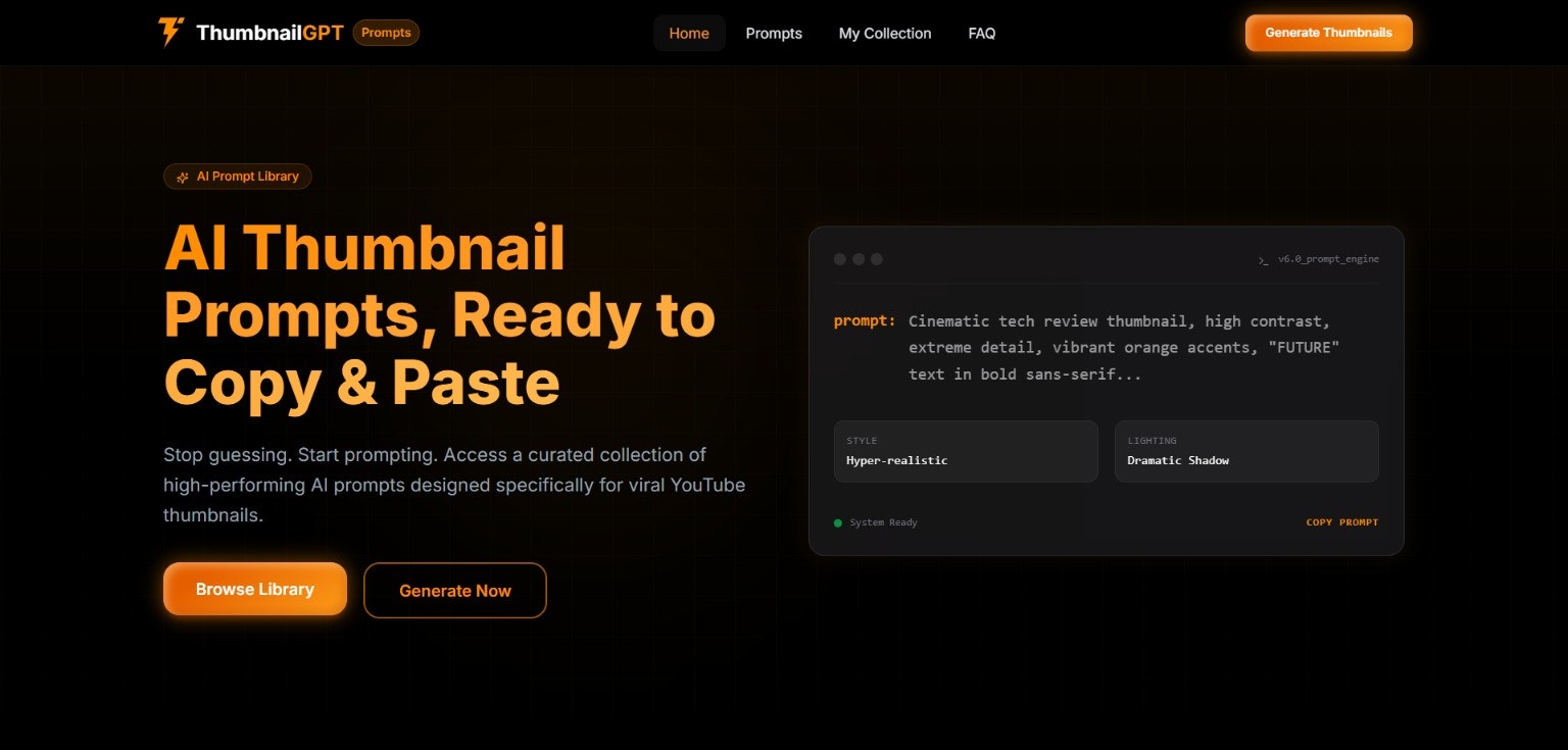 ThumbnailGPT Prompts - Main product screenshot demonstrating key features and user interface