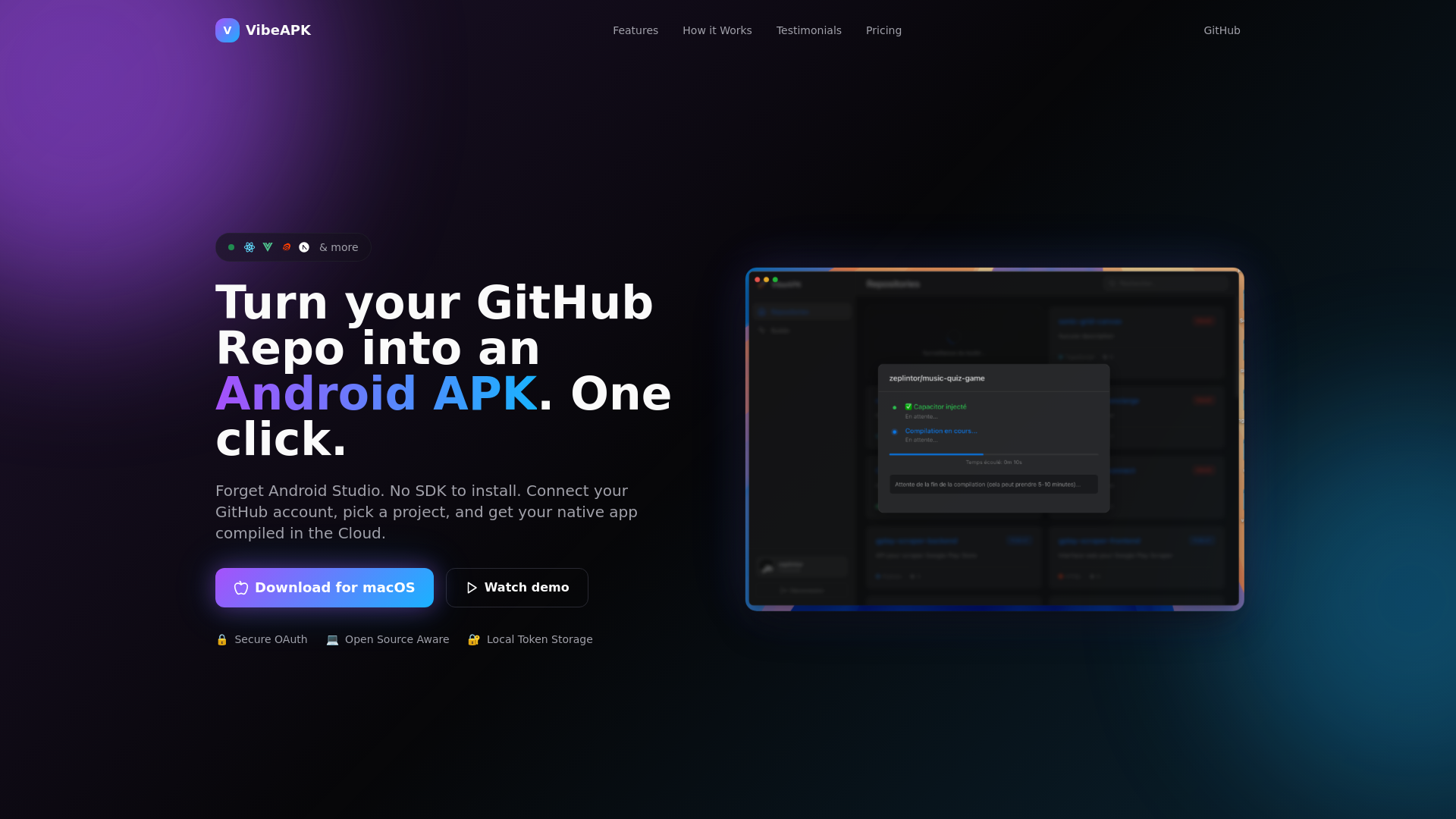 VibeAPK - Main product screenshot demonstrating key features and user interface