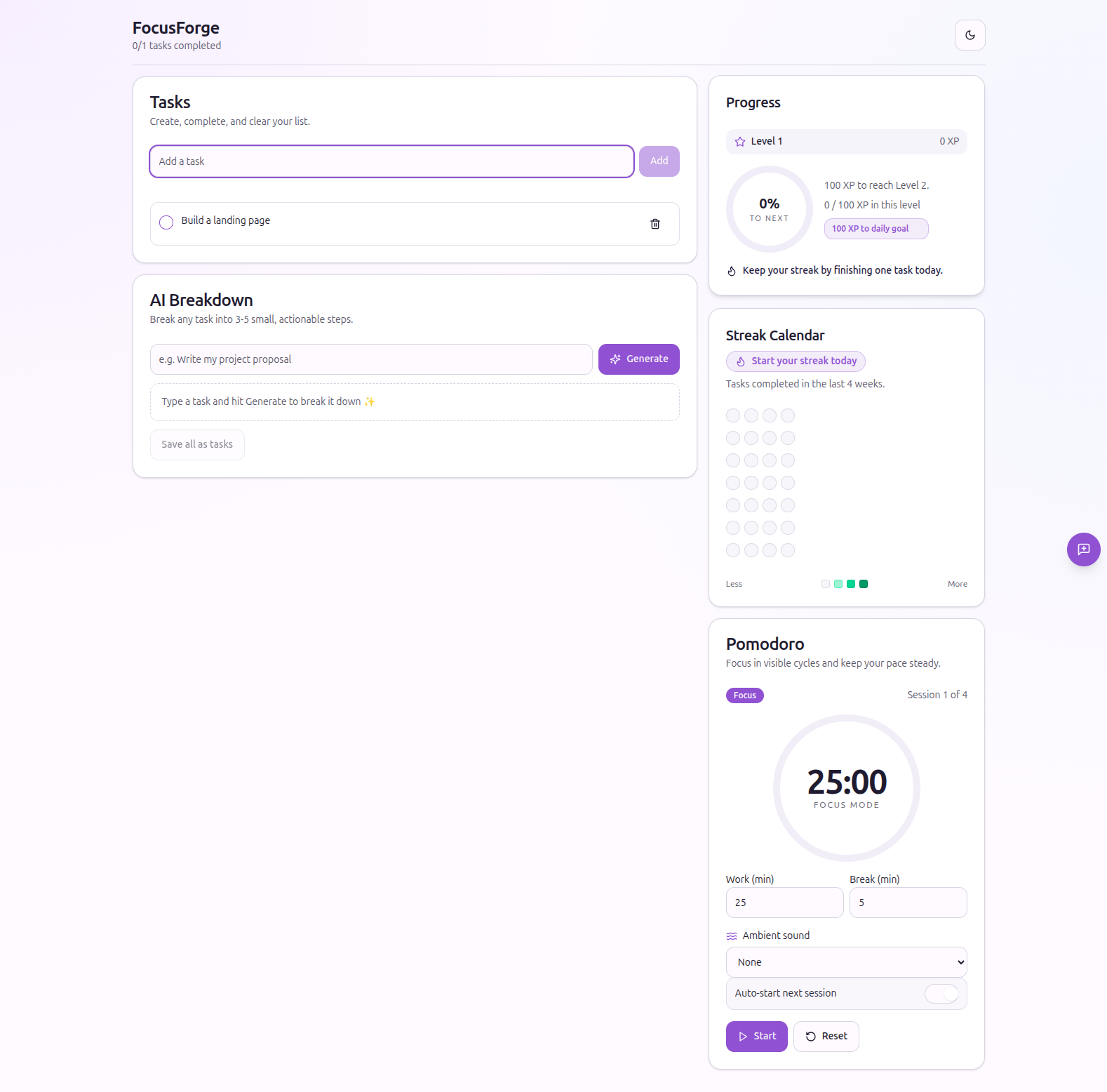 FocusForge - Main product screenshot demonstrating key features and user interface