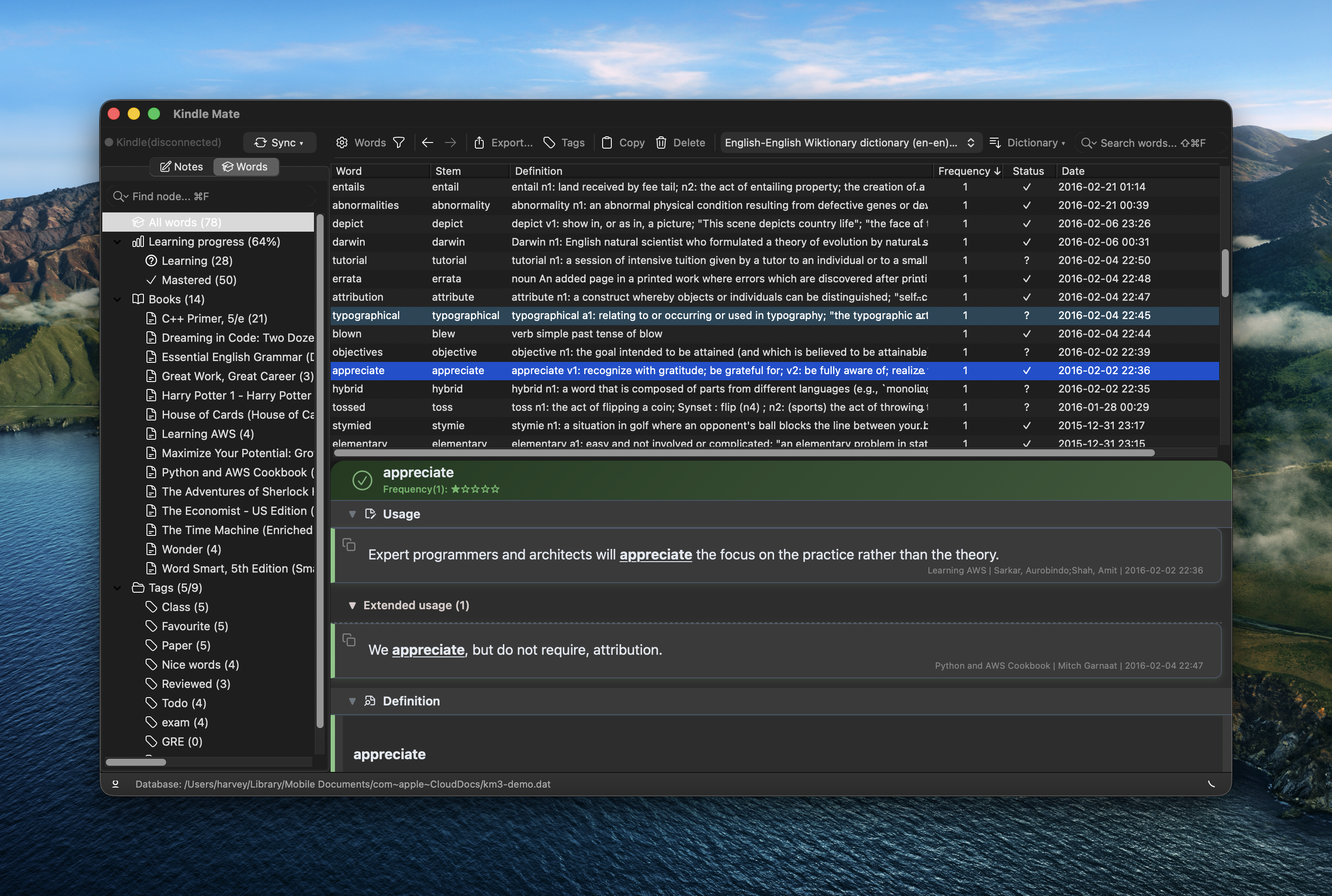 KMate for Kindle clippings and words gallery image