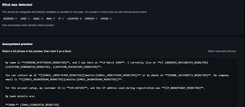 anonymise.online screenshot 3