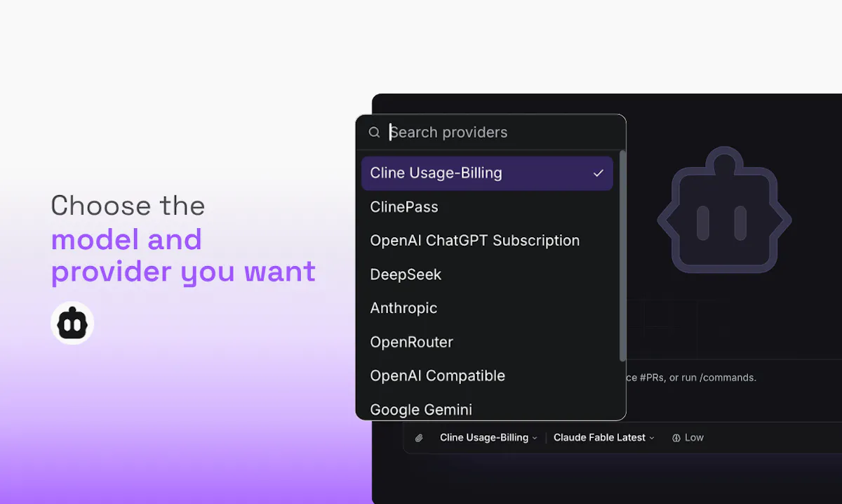 Cline provider picker showing Anthropic, OpenRouter, DeepSeek, Google Gemini, and other model options