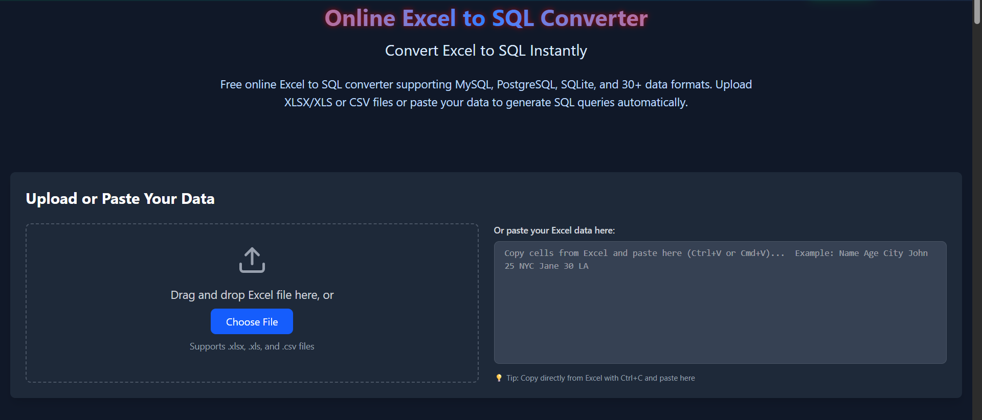 Excel To SQL Converter - Main product screenshot demonstrating key features and user interface