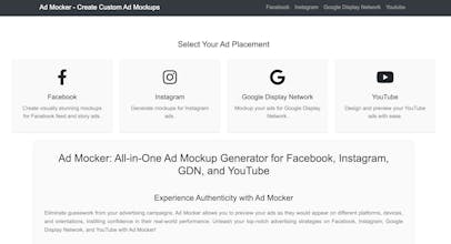 Ad Mockerのプロダクトプレビュー画像は、ドラッグアンドドロップの機能と直感的なデザインの特徴を備えたスリークなユーザーインターフェースを紹介しています。