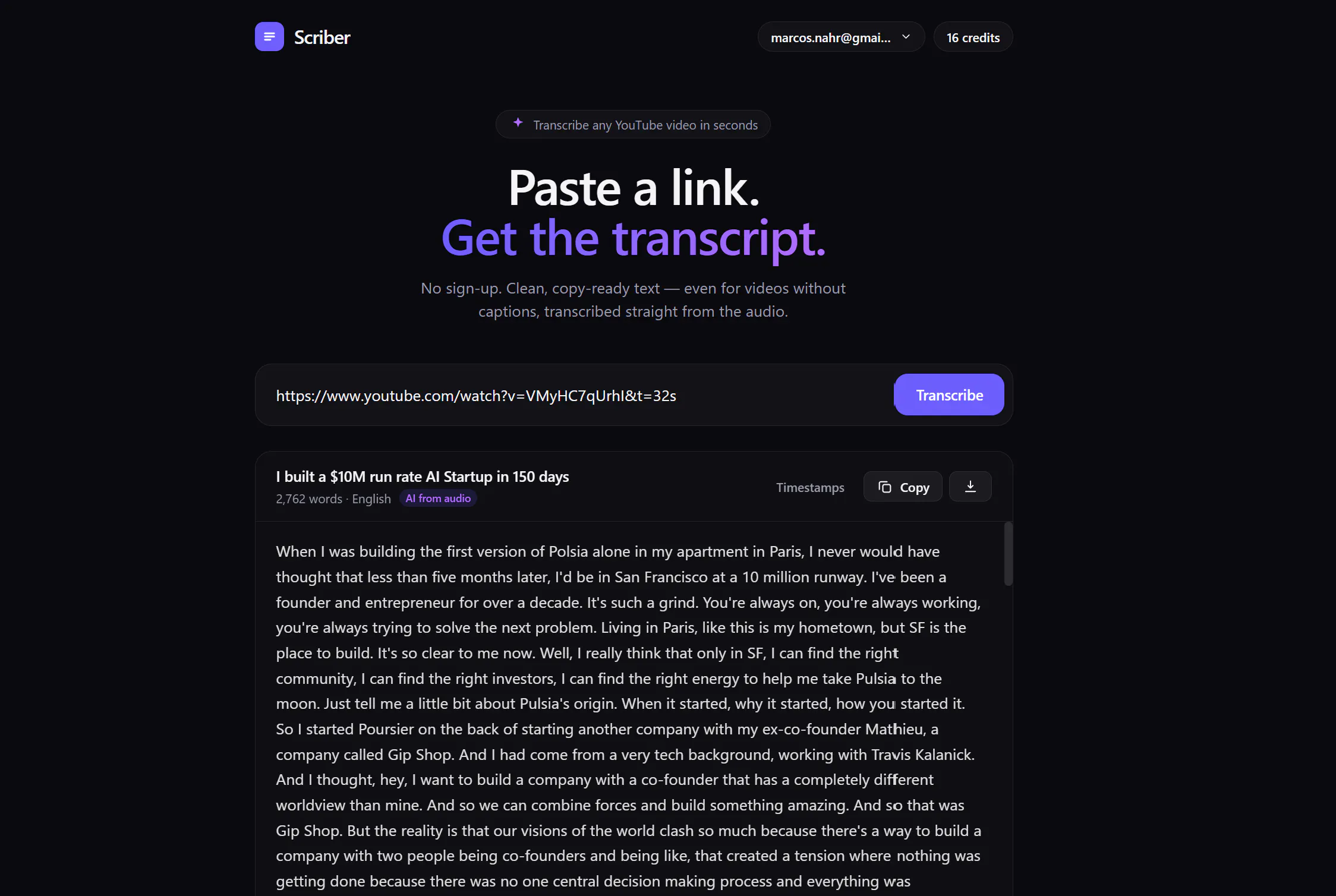Scriber — YouTube transcripts, instantly 截图 2