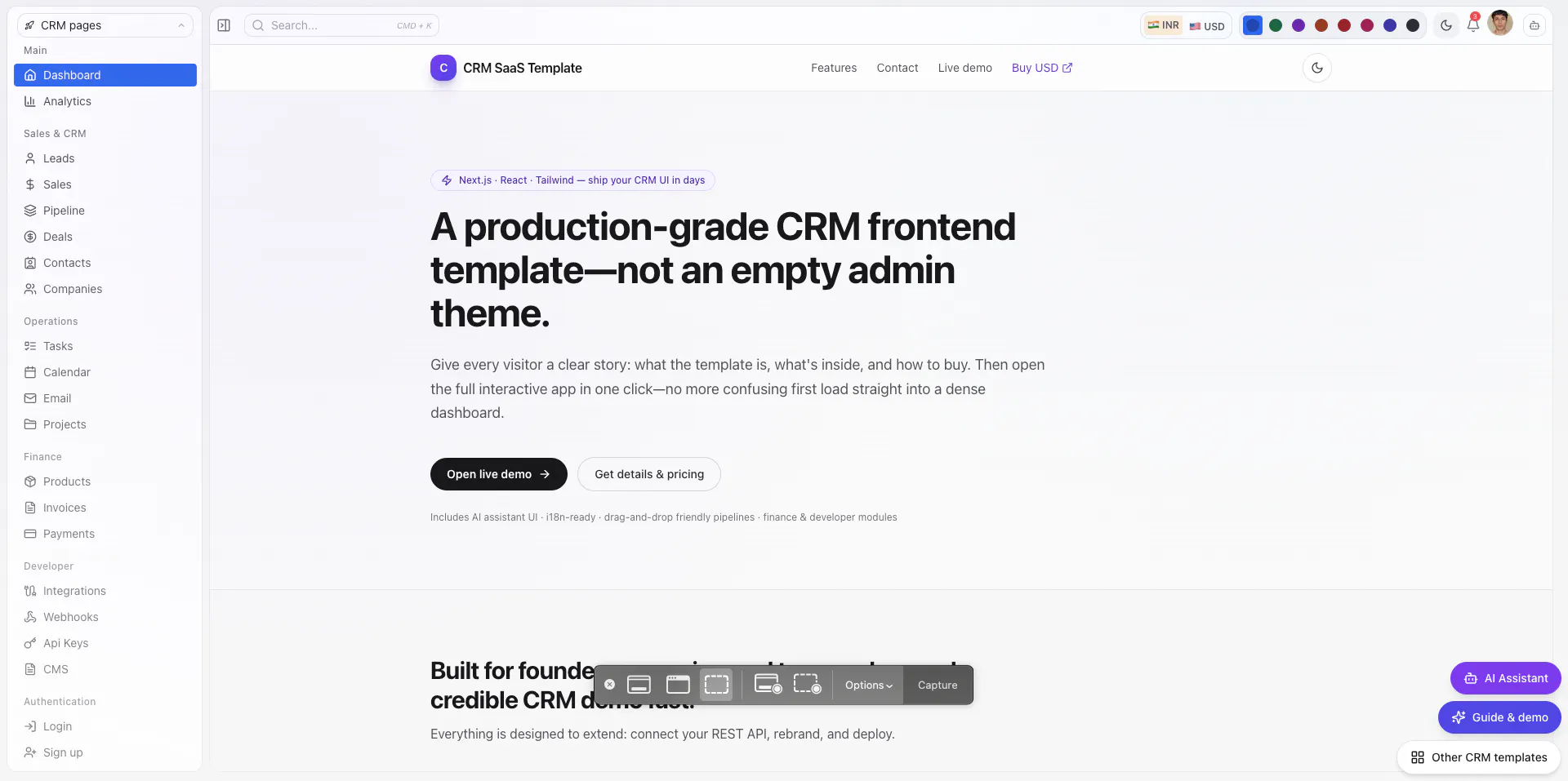 SAAS CRM frontend React template gallery image