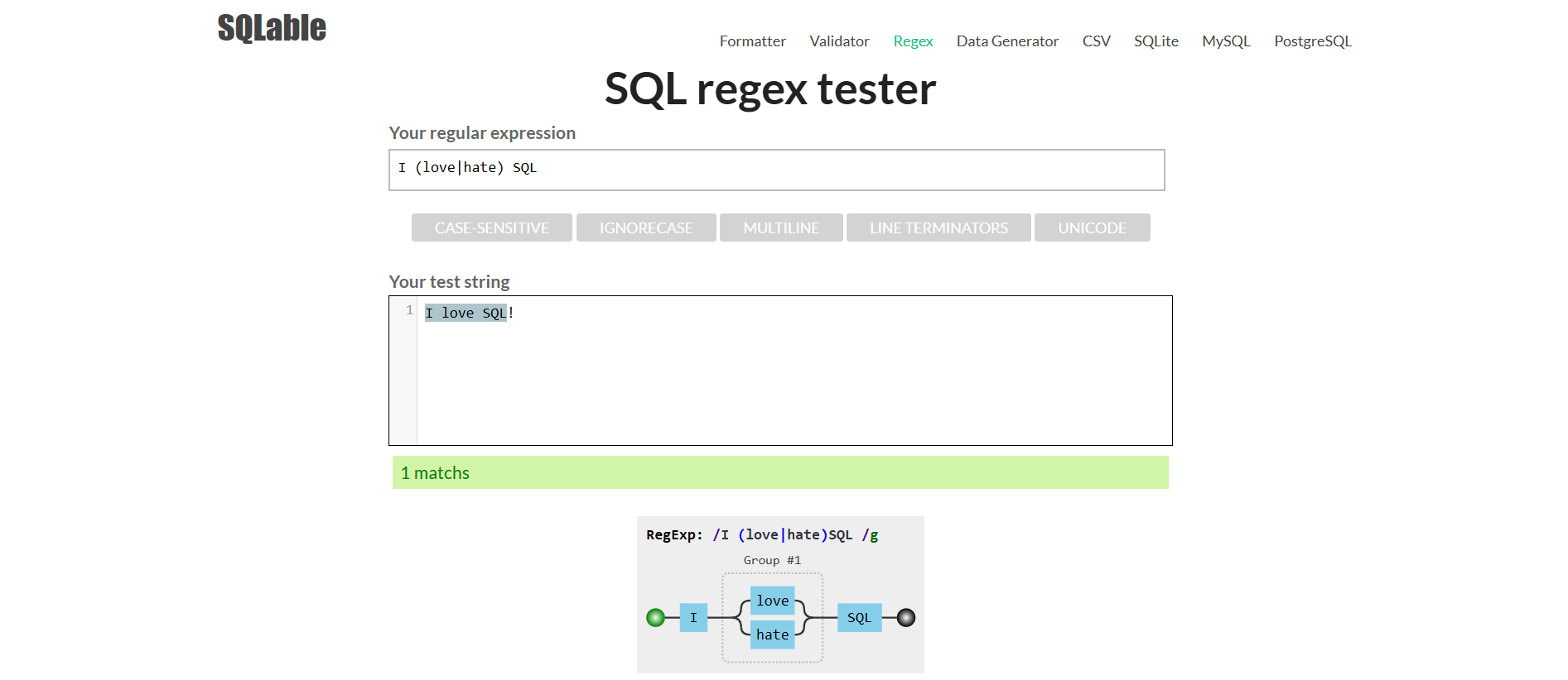 SQLable SQL regex tester gallery image