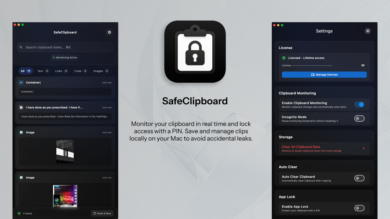 Safeclipboard beveiligd klembord voor macOS - Onbeperkte geschiedenis, vergrendelingsbeveiliging, productiviteitsonderdelen. media 1
