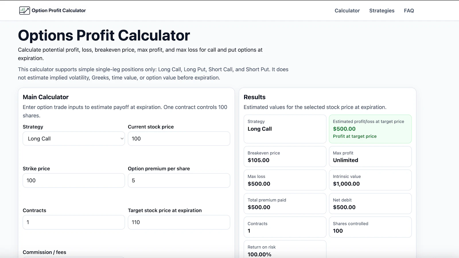 Option Profit Calculator screenshot 1