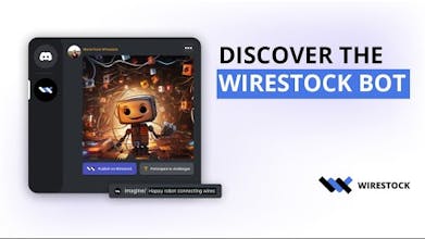 Interfaccia del bot Wirestock Discord che mostra il trading di opere d&rsquo;arte AI su Adobe Stock e Freepik.