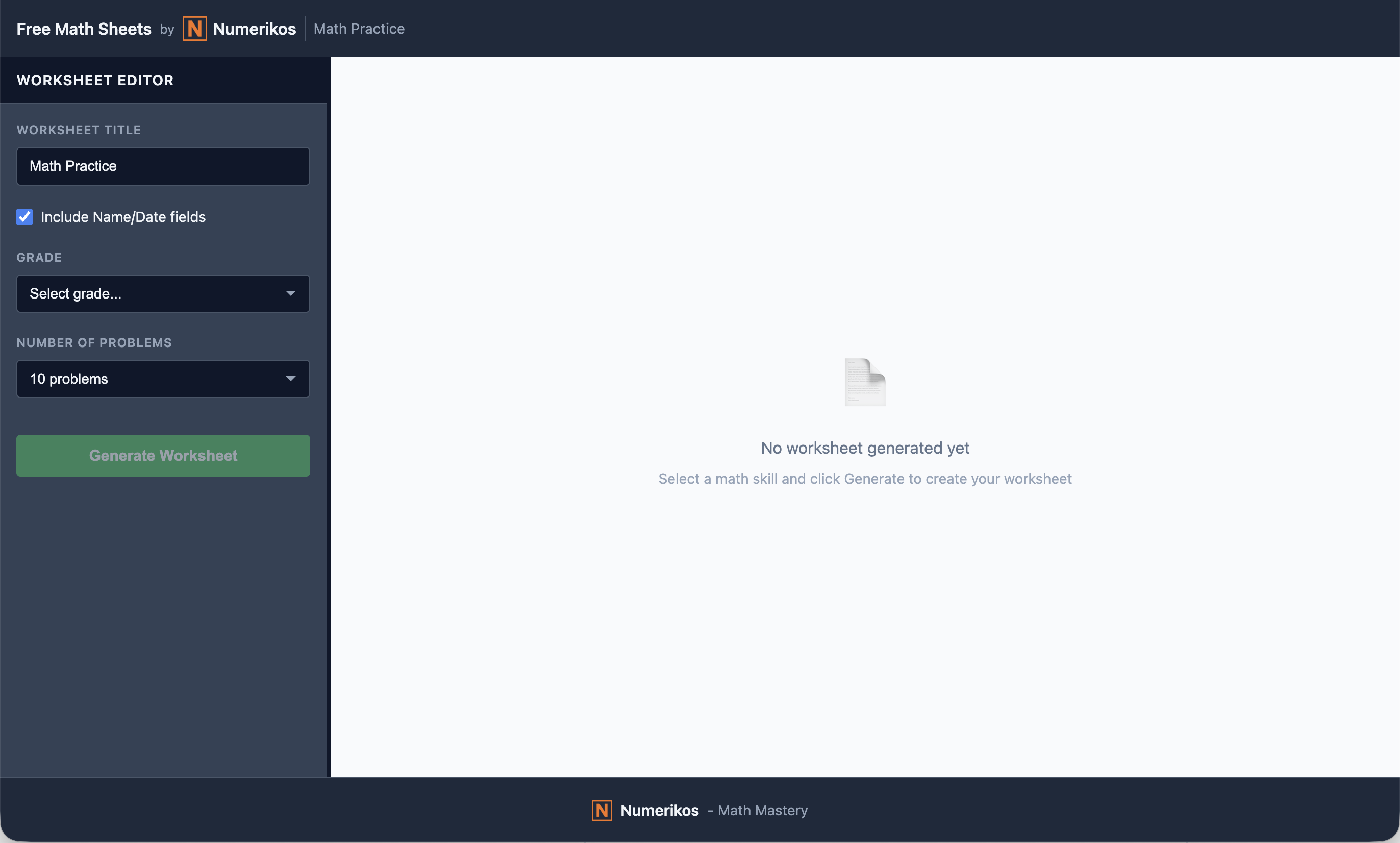 Free Math Sheets - Main product screenshot demonstrating key features and user interface