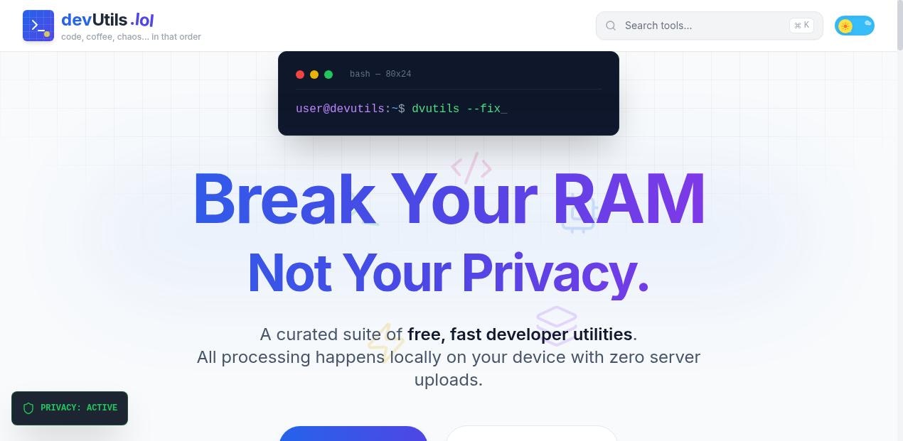 Devutils.lol - Main product screenshot demonstrating key features and user interface