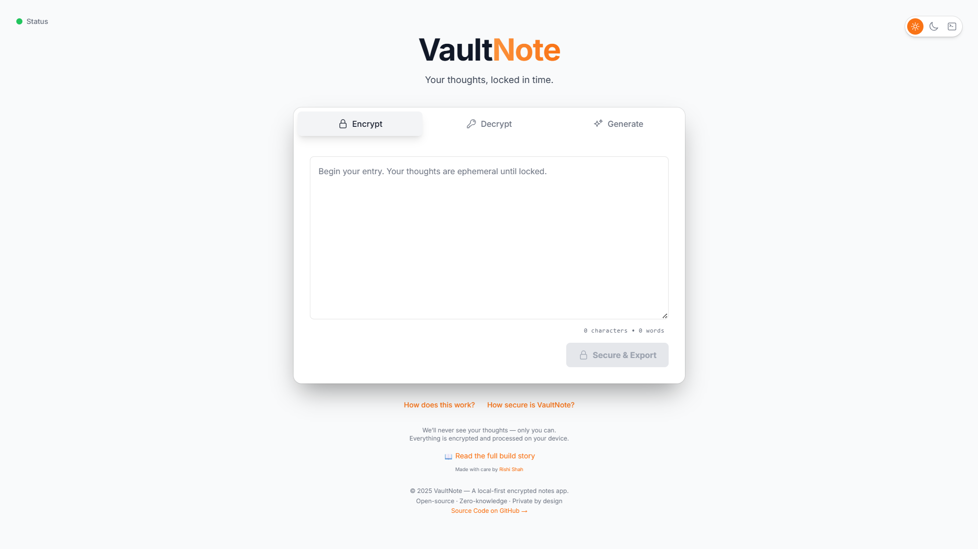VaultNote - Main screenshot showing features and interface