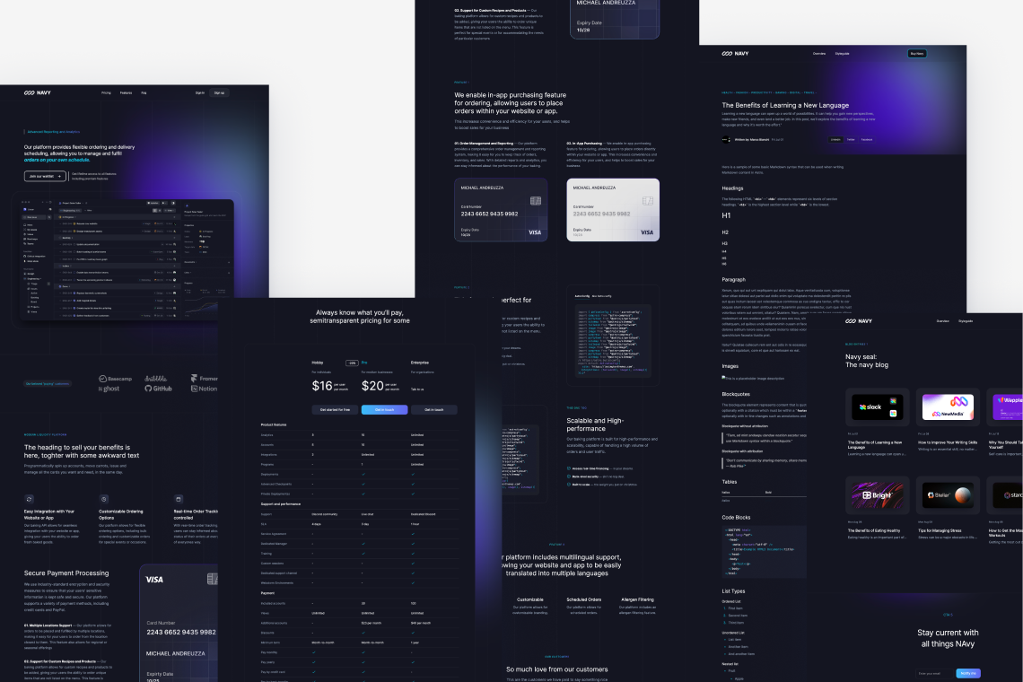 Navi UI 키트 - Astro, Tailwind CSS & MDX로 ​​만든 어두운 다중 지대 테마 미디어 1