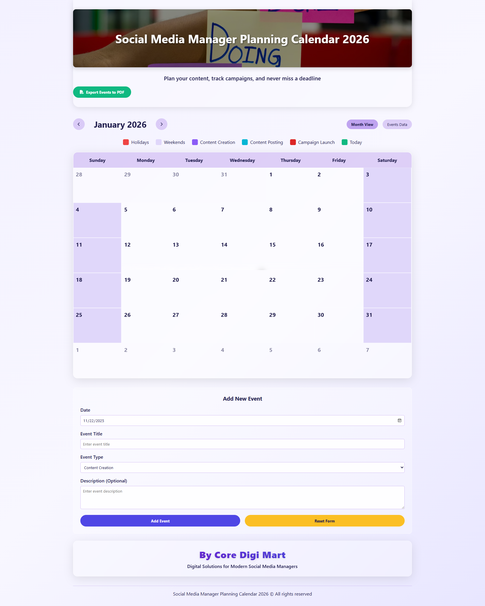 Social Media Planning Calendar 2026