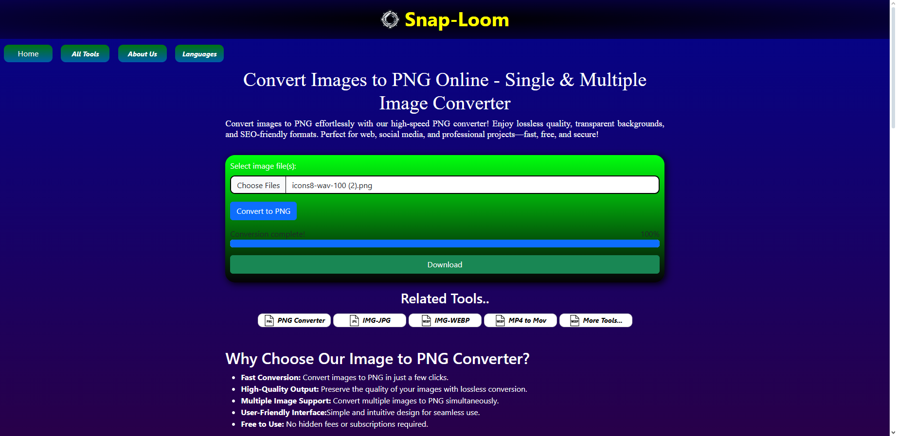 Snaploom - PNG Converter - เครื่องมือออนไลน์ฟรีในการแปลงและแก้ไขไฟล์สื่อ media 3