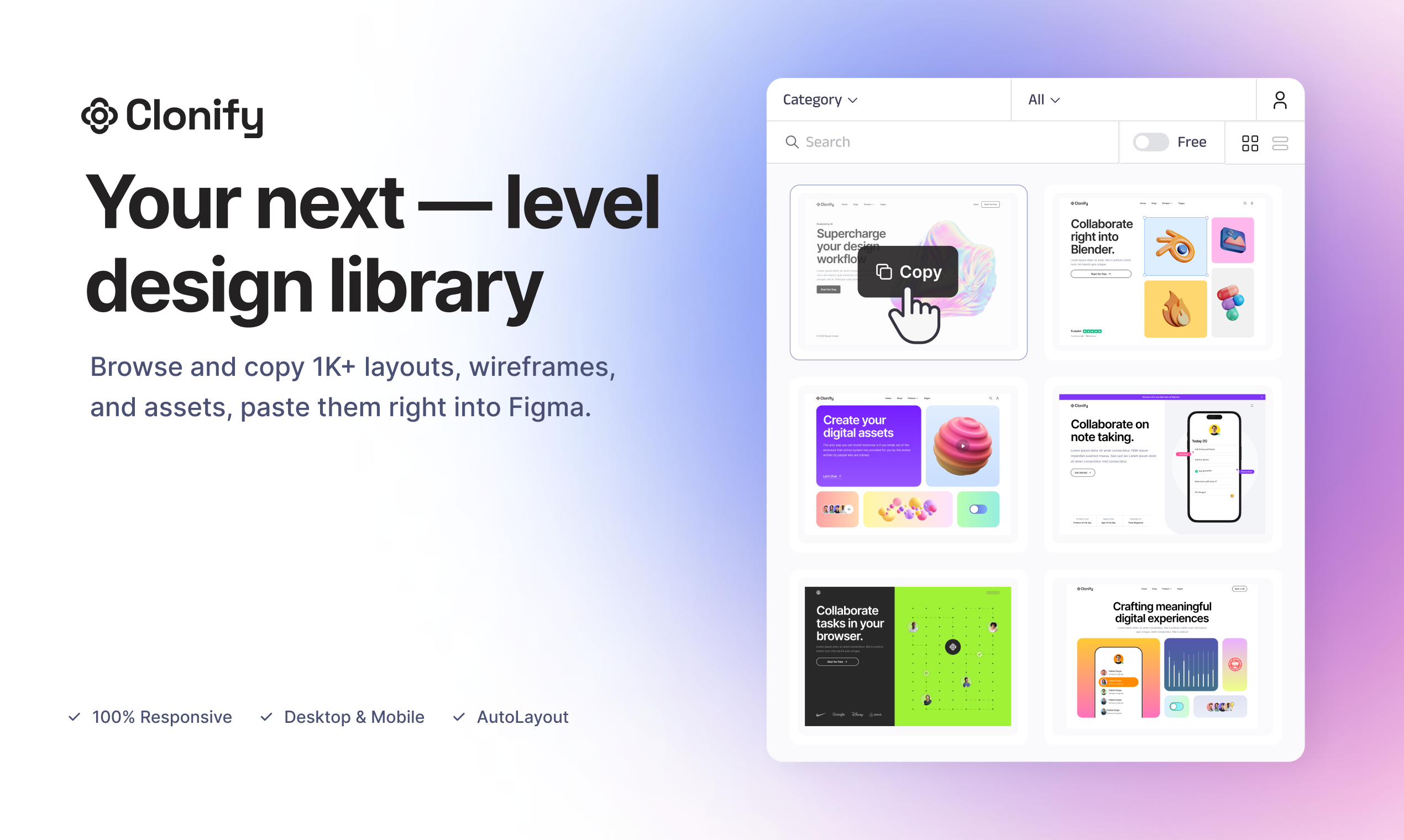 Mídia 1 de Clonifique o plug -in figma - Navegue e copie layouts 1k, wireframes e ativos