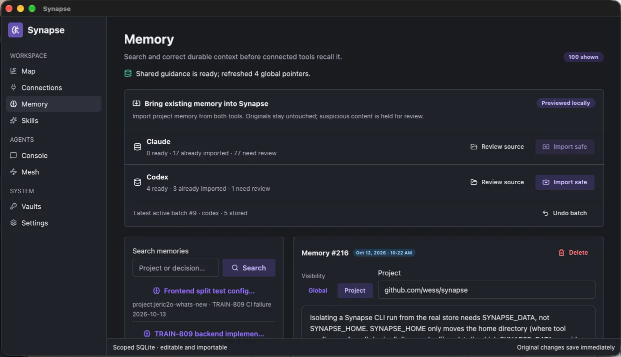 Synapse: shared memory for coding agents gallery image