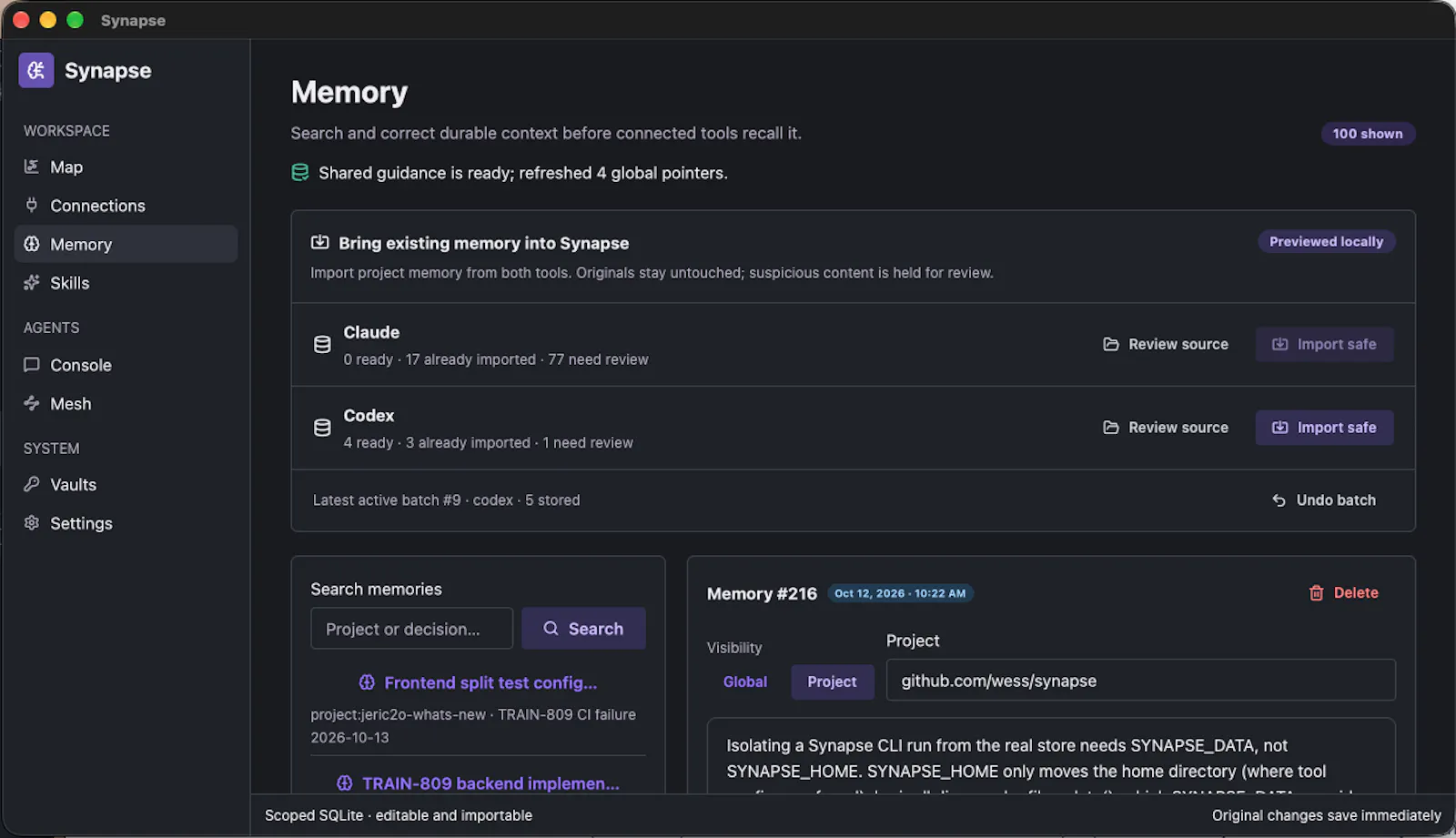 Synapse: shared memory for coding agents screenshot 6