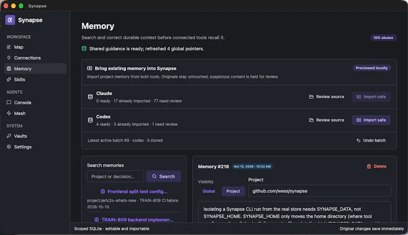 Synapse: shared memory for coding agents screenshot 6