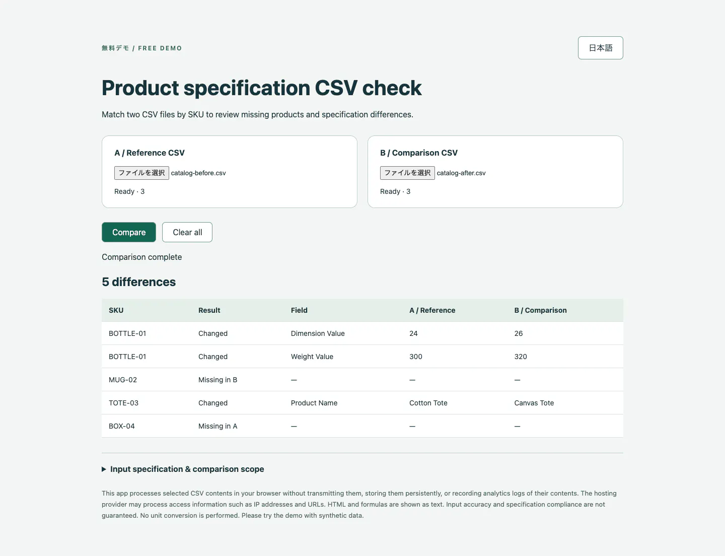 Product specification CSV check gallery image